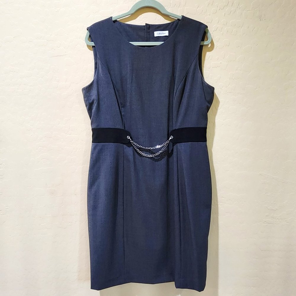 Calvin Klein Bodycon Gray Waist Chain Accent Exposed Zip Sleeveless Dress SZ 16